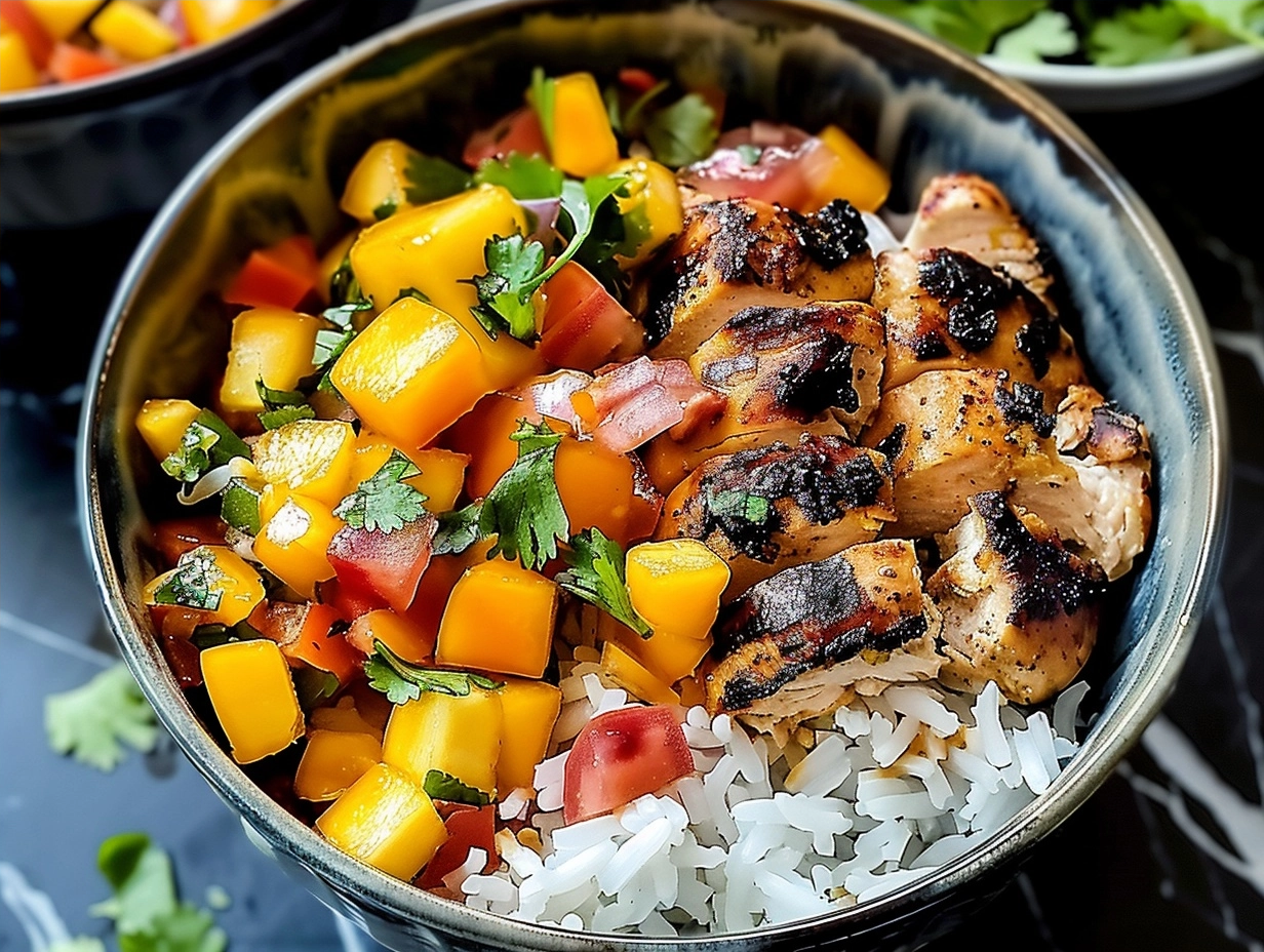 Jamaican Chicken Bowls with Fresh Mango Salsa 4 Jamaican Chicken Bowls with Fresh Mango Salsa