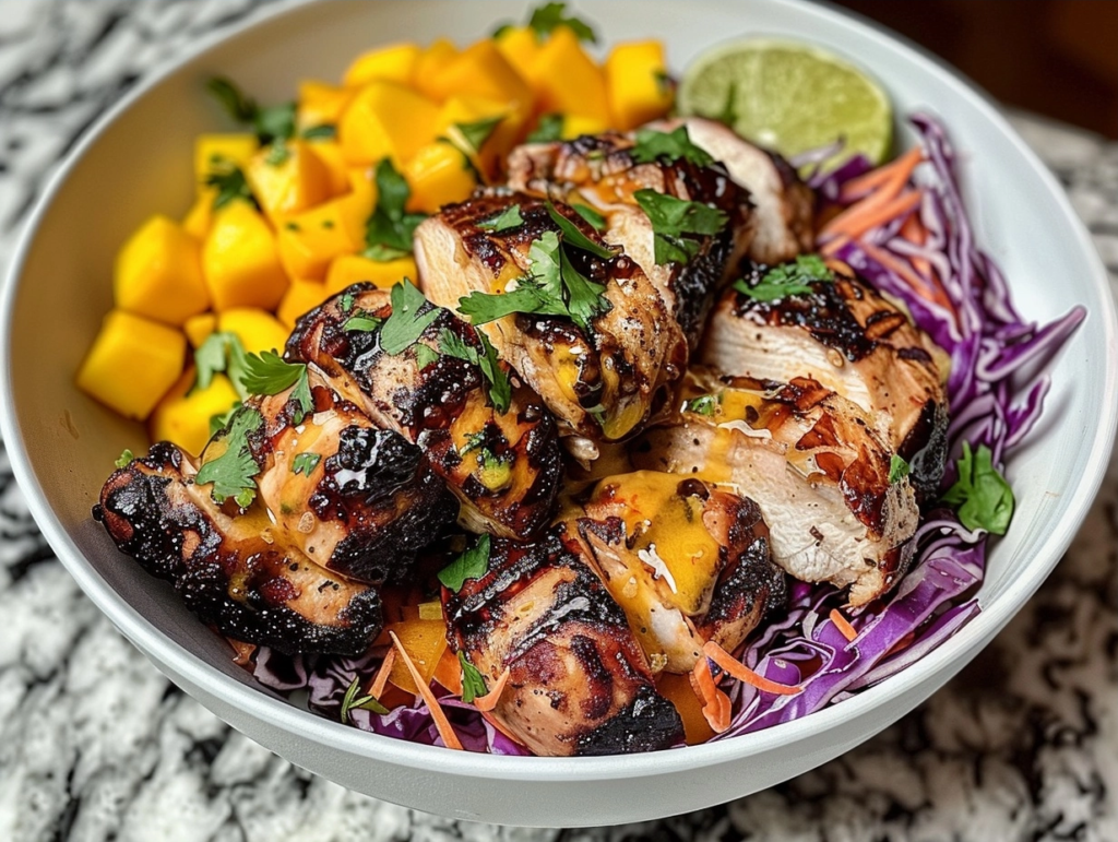 Jerk Chicken & Mango Slaw Bowls with Honey Lime Cream