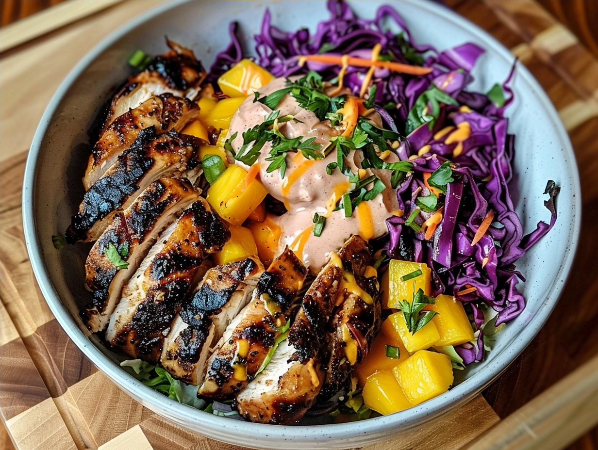 30-Minute Jerk Chicken and Mango Slaw Bowls with Honey Lime Cream - Easy Quick Recipe 5 image 1784392229097
